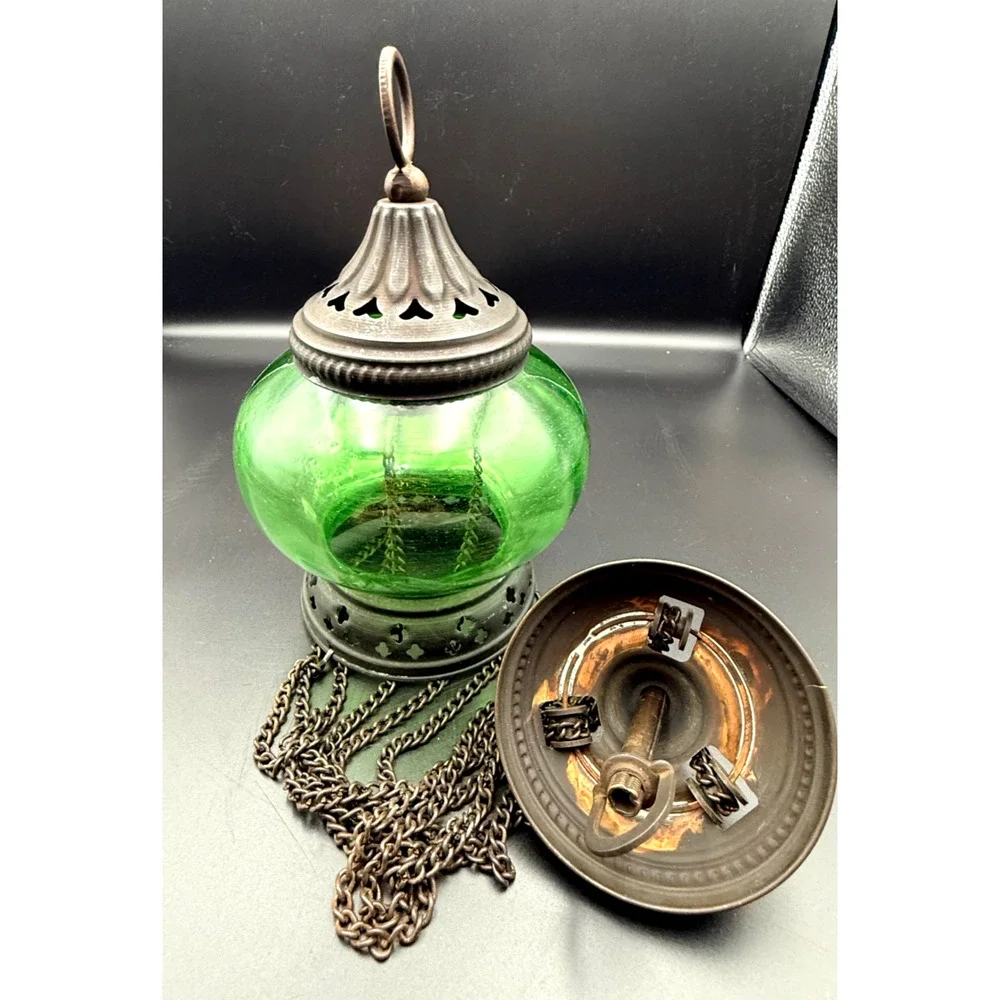 Hanging Metal Greek Sanctuary Vigil Lamp Candle Holder Green Glass Bell Jar